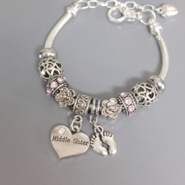 Zussen armband Middelste zus. Middle Sister in Pandora Style - Cadeau voor zussen in 8 kleuren.