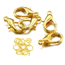 Karabijn Sluiting 14mm GOUD + 5mm buigring (3 sets) Clip-On haak sluiting Karabijnslotje (nikkelvrij)
