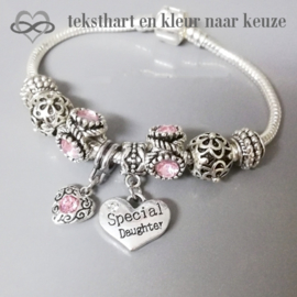 Pandora Style Dangle Bedel Armband met ROZE CZ Kristal en Hart met tekst - cadeau voor Oma Moeder Dochter Nichtje Tante Vriendin enz.