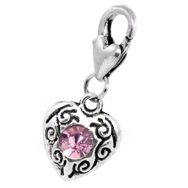 Geboortesteen Juni met Lila Amethist CZ Kristal Hartje - Clip-On Charm bedel hanger