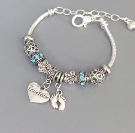 Zussen armband voor Kleine zus. Little Sister in Pandora Style - Cadeau voor zussen in 8 kleuren.
