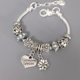 Pandora Style Dangle Bedel Armband met teksthart Someone Special (speciaal persoon) en 2 stoppers - in 8 kleuren