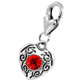 Geboortesteen Juli met Robijn Rood CZ Kristal Hartje - Clip-On Charm bedel hanger