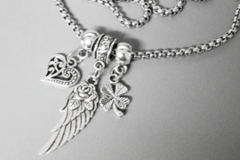 Angel Wing ketting Pandora Style met Roos en Karma Charms - Klavertje Hartje