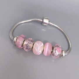 Pandora Style armband 19cm met ROZE glazen Murano bedels en stoppers stainless steel