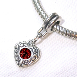 Geboortesteen Januari met Granaat Rood CZ Kristal Hartje - Pandora Style Bedel Hanger Dangle
