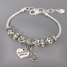 Pandora Style Dangle Bedel Armband met teksthart Someone Special (speciaal persoon) en 2 stoppers - in 5 kleuren
