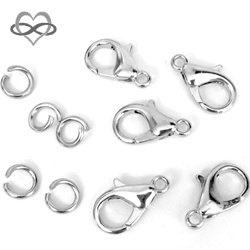 Karabijn Sluiting 14mm ZILVER + 5mm buigring (3 sets) Clip-On haak sluiting Karabijnslotje (nikkelvrij)