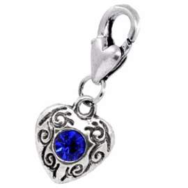 Geboortesteen September met Saffier Blauw CZ Kristal Hartje - Clip-On Charm bedel hanger