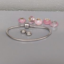 Pandora Style armband 19cm met ROZE glazen Murano bedels en stoppers stainless steel