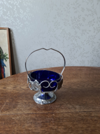 Oud blauw glazen suikerpotje in verzilverde houder