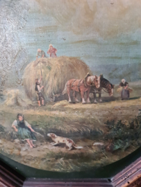 Oud schilderij boer boerin hooien