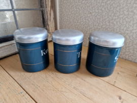 Petrol blauw emaille koffie thee suiker bussen