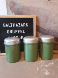Reseda groen emaille koffie thee suiker bussen zilveren bies
