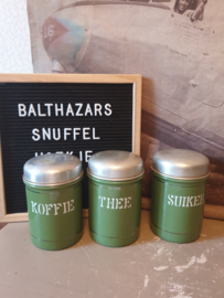 Reseda groen emaille koffie thee suiker bussen zilveren bies