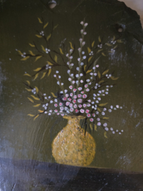 Schilderijtje op leisteen kruik bloemen