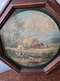 Oud schilderij boer boerin hooien
