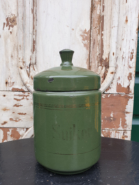 Antiek groen emaille koffie thee suiker bussen knop deksel