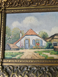 Schilderij boerderij in barok houten lijst