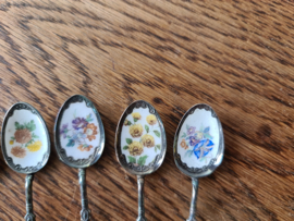 Verzilverde mokka lepeltjes bokkenpootje emaille bloemen