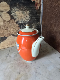 Antiek oranje creme emaille koffiepot
