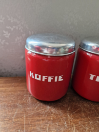 Rood emaille koffie thee suiker bussen