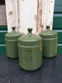 Antiek groen emaille koffie thee suiker bussen knop deksel