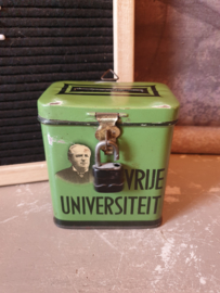 Oud groen blikken collectebusje vrije universiteit