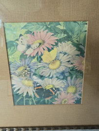 Oude bloemen vlinder prent in houten lijst