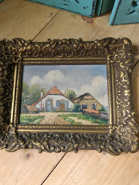 Schilderij boerderij in barok houten lijst
