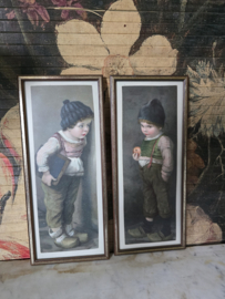 Oude brocante prentjes schooljongens in lijst