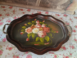 Antiek houten dienblad geschilderde rozen