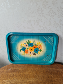 Oud blauw blikken dienblad bloemen