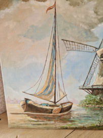 Schilderij zeilboot molen landschap