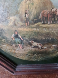 Oud schilderij boer boerin hooien