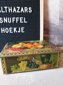 Antiek blik trommel fruitdecor met sleuteltje