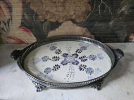 Antiek tinnen dienblad blauw decor