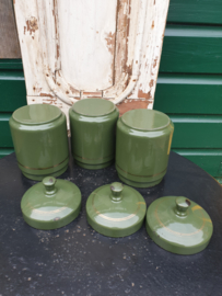 Antiek groen emaille koffie thee suiker bussen knop deksel