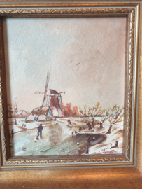 Schilderij hollands winterlandschap molen barok lijst nr1