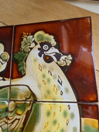 Oud tegeltableau kip met kuikens pilkington