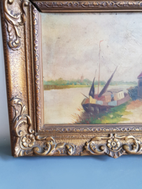 Antiek schilderij barok lijst landschap schip