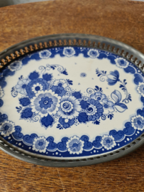 Antiek ovaal porseleinen dienblad delfts blauw