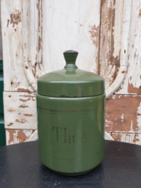 Antiek groen emaille koffie thee suiker bussen knop deksel