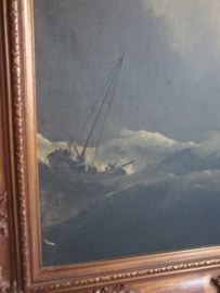 Antiek  barok houten lijst print schepen op zee