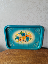 Oud blauw blikken dienblad bloemen