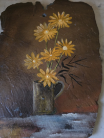 Schilderijtje op leisteen gele bloemen
