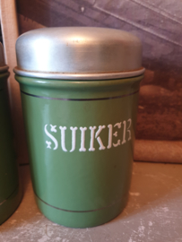 Reseda groen emaille koffie thee suiker bussen zilveren bies