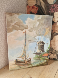 Schilderij zeilboot molen landschap