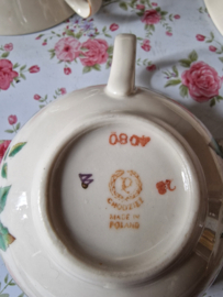 Brocante soepkom met schotel rozen
