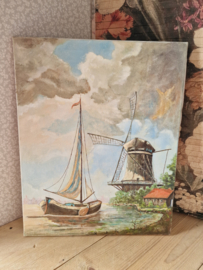 Schilderij zeilboot molen landschap